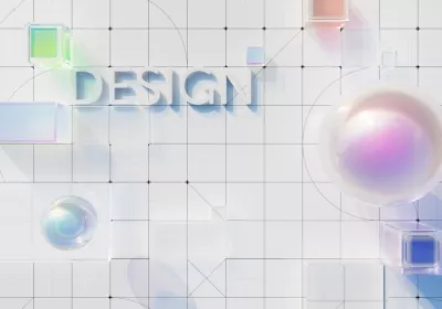 A clean, modern 3D abstract composition featuring the word "DESIGN" in raised lettering. The scene is set against a white grid background and decorated with translucent, iridescent geometric shapes like spheres and cubes, representing digital interface design.